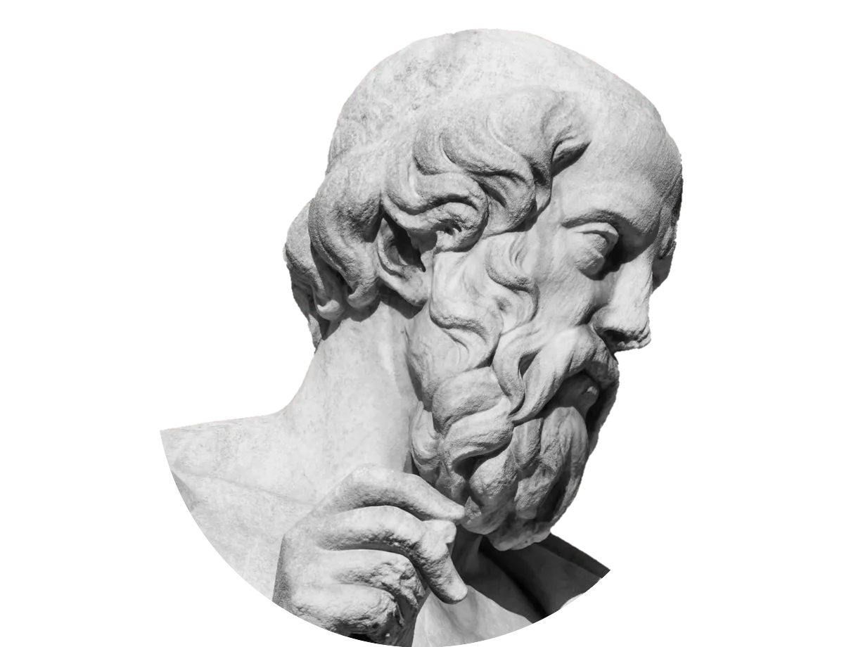 Statue of Plato, hand on his beard, rising out of a coral circle
